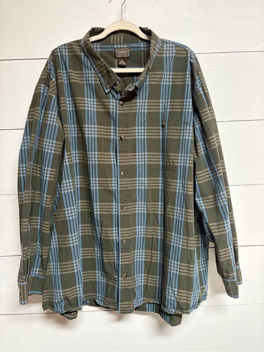 C.E. Schmidt Workwear Mens 4XL Green Blue Plaid Long Sleeve Button Down Shirt